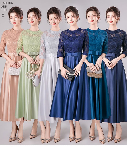 3/4-Sleeve Crew Neck Lace Panel Bow Accent Midi A-Line Cocktail Dress