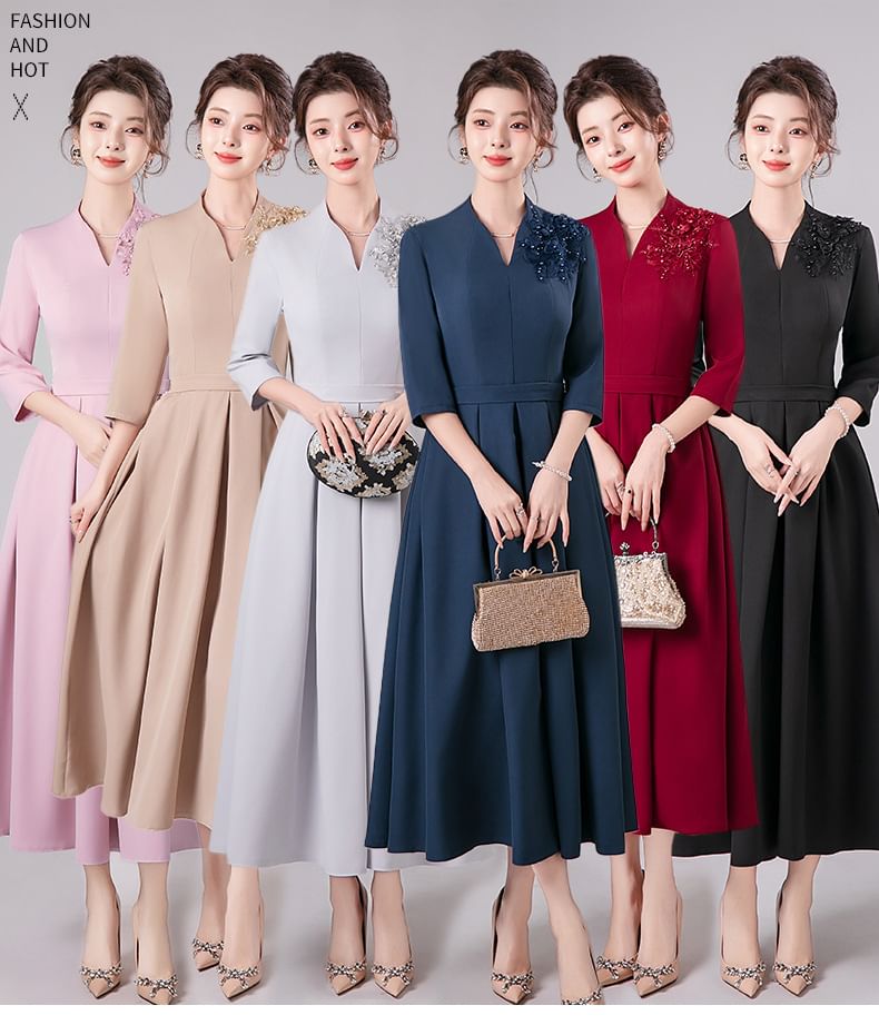 3/4-Sleeve V-Neck Floral Accent Pleated Midi A-Line Cocktail Dress