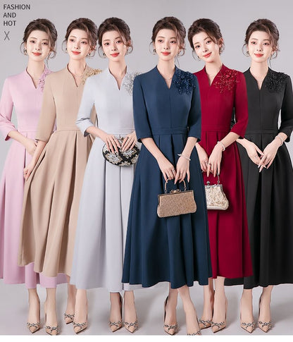 3/4-Sleeve V-Neck Floral Accent Pleated Midi A-Line Cocktail Dress