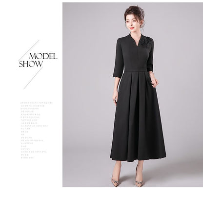 3/4-Sleeve V-Neck Floral Accent Pleated Midi A-Line Cocktail Dress