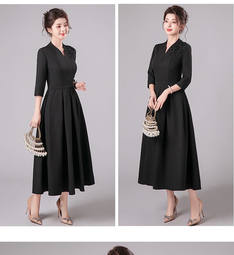 3/4-Sleeve V-Neck Floral Accent Pleated Midi A-Line Cocktail Dress