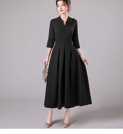 3/4-Sleeve V-Neck Floral Accent Pleated Midi A-Line Cocktail Dress