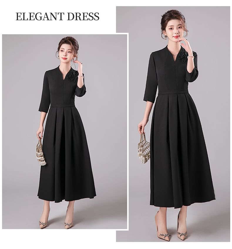 3/4-Sleeve V-Neck Floral Accent Pleated Midi A-Line Cocktail Dress