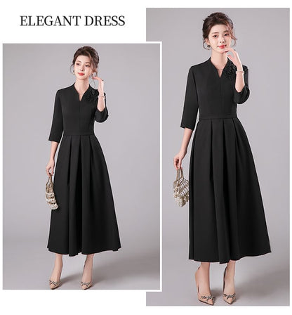 3/4-Sleeve V-Neck Floral Accent Pleated Midi A-Line Cocktail Dress