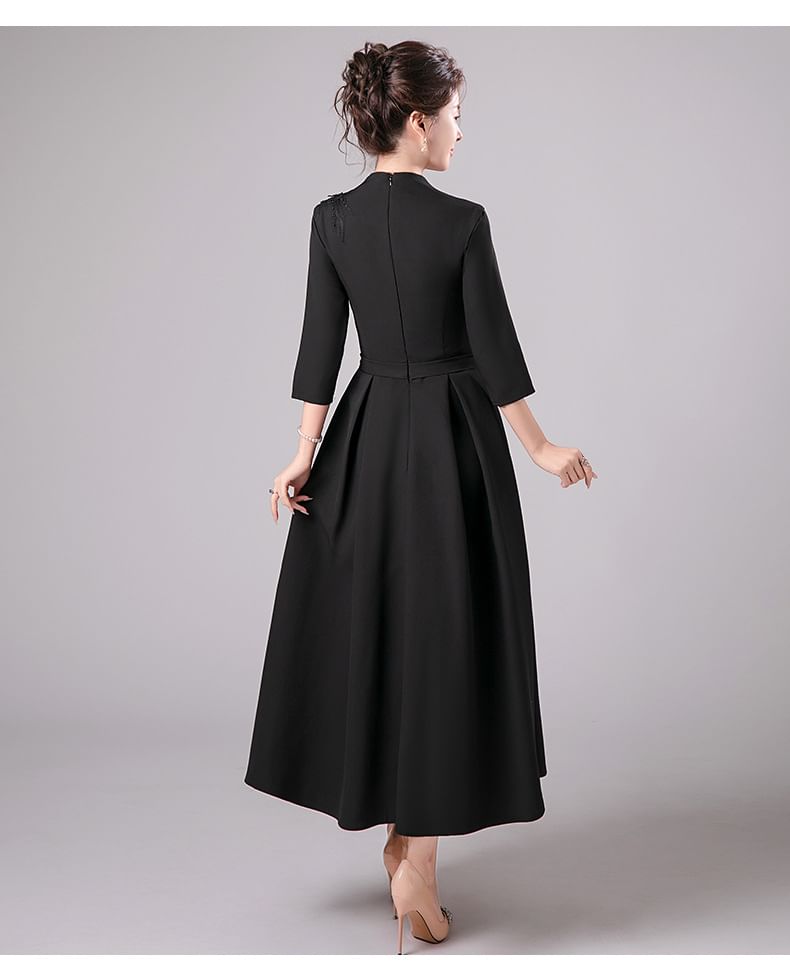 3/4-Sleeve V-Neck Floral Accent Pleated Midi A-Line Cocktail Dress