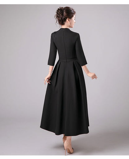 3/4-Sleeve V-Neck Floral Accent Pleated Midi A-Line Cocktail Dress