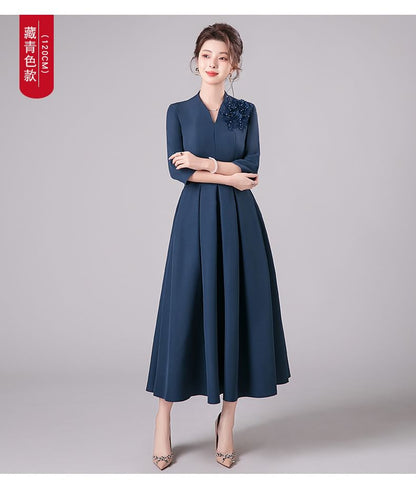 3/4-Sleeve V-Neck Floral Accent Pleated Midi A-Line Cocktail Dress