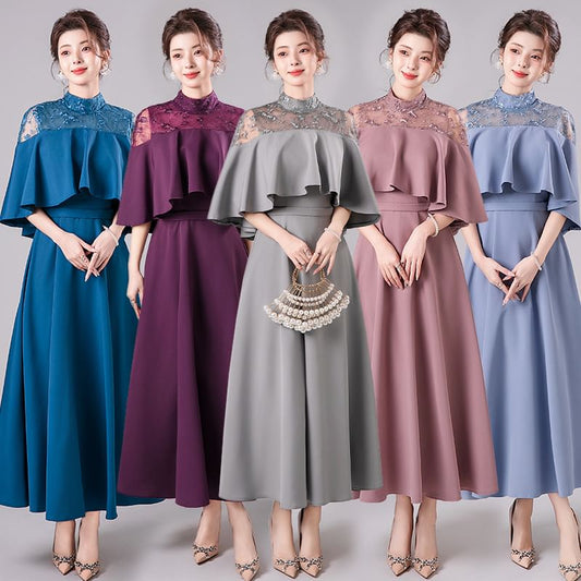 3/4-Sleeve Mock Neck Lace Panel Ruffle A-Line Evening Dress