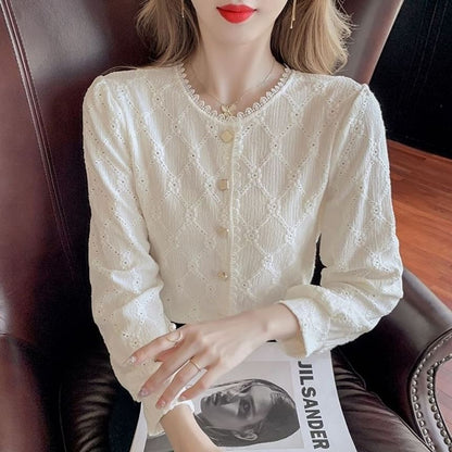 Argyle Lace Trim Long Sleeve Blouse