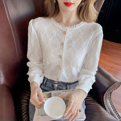 Argyle Lace Trim Long Sleeve Blouse