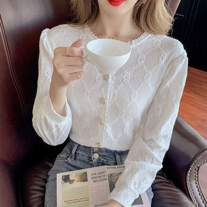 Argyle Lace Trim Long Sleeve Blouse