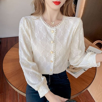 Argyle Lace Trim Long Sleeve Blouse