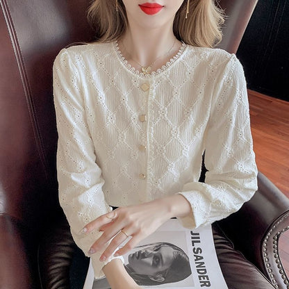 Argyle Lace Trim Long Sleeve Blouse