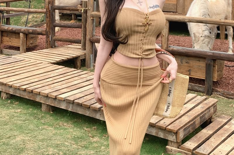 Lace-Up Knit Tube Top & Skirt Ensemble