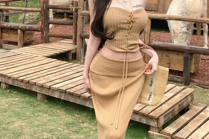 Lace-Up Knit Tube Top & Skirt Ensemble