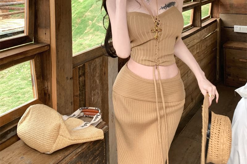 Lace-Up Knit Tube Top & Skirt Ensemble