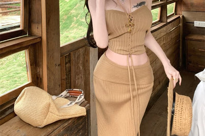 Lace-Up Knit Tube Top & Skirt Ensemble