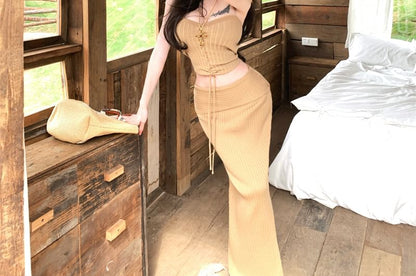 Lace-Up Knit Tube Top & Skirt Ensemble