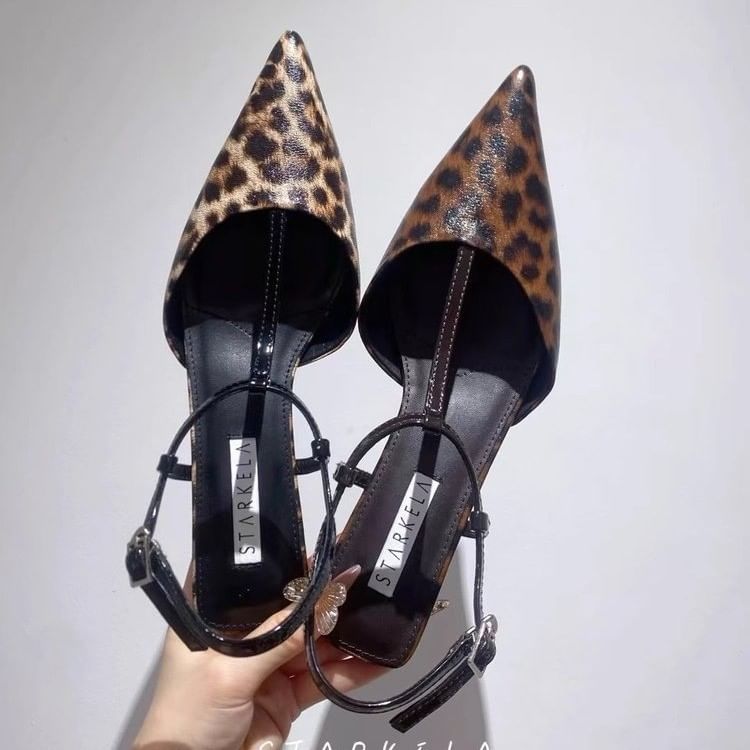 Pointed Toe Leopard Print Slingback Sandals