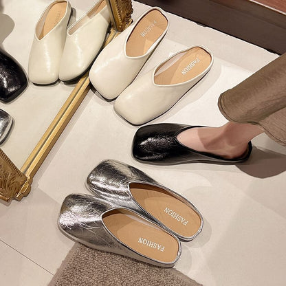 Metallic Faux Leather Square Toe Mules