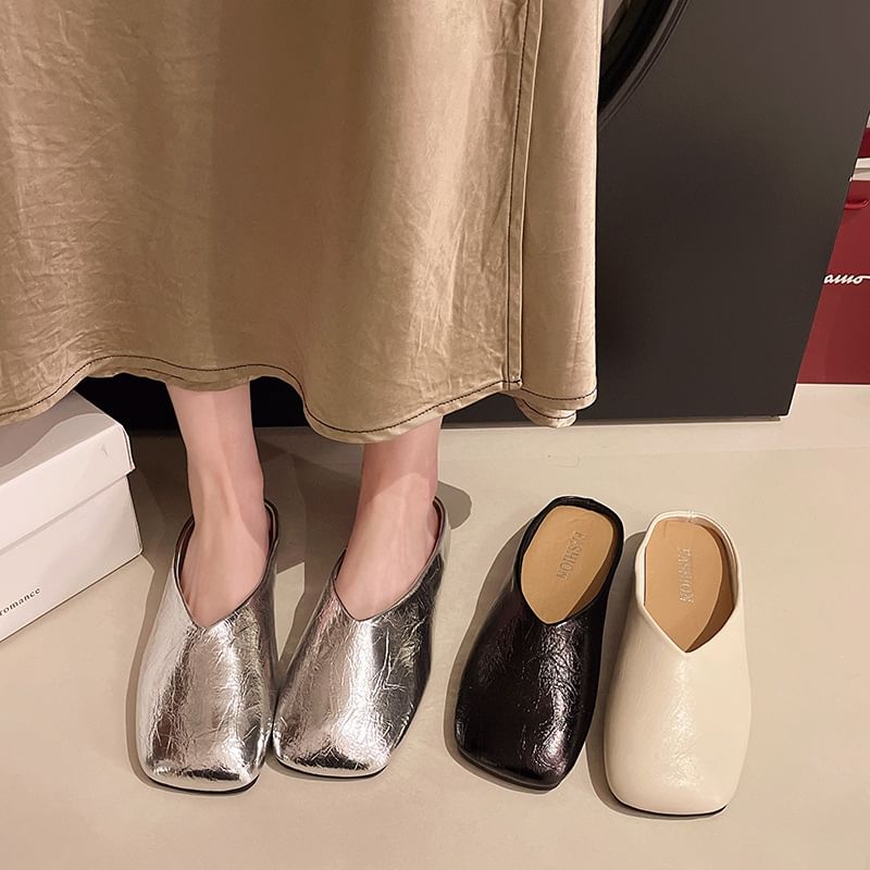 Metallic Faux Leather Square Toe Mules