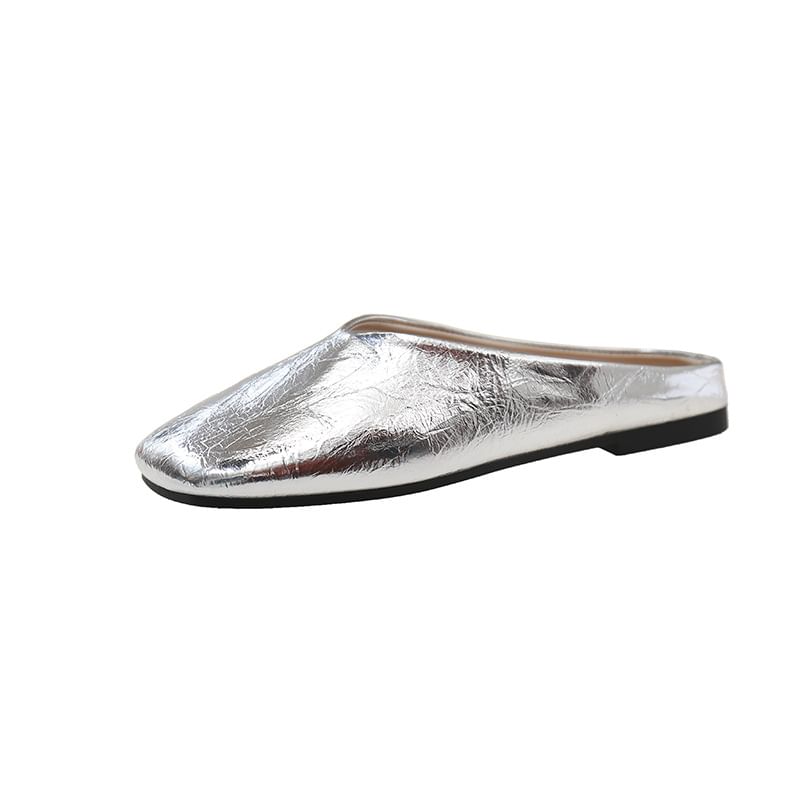 Metallic Faux Leather Square Toe Mules