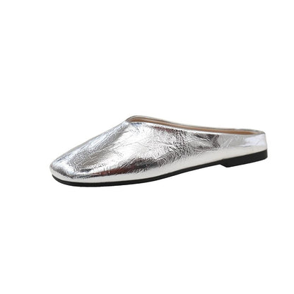 Metallic Faux Leather Square Toe Mules