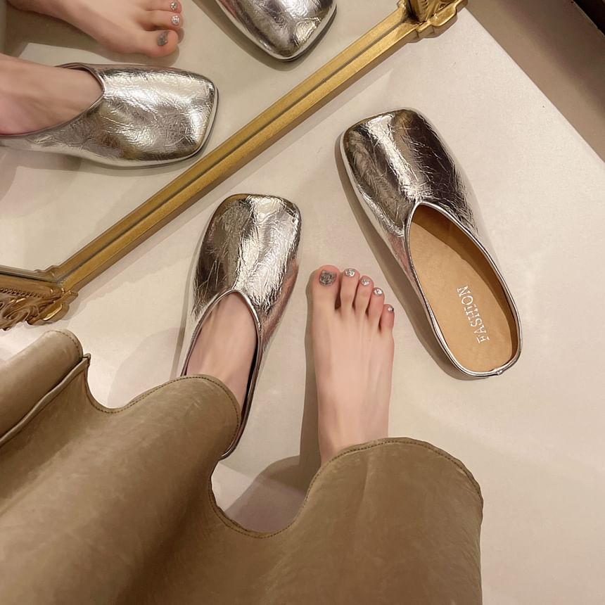 Metallic Faux Leather Square Toe Mules