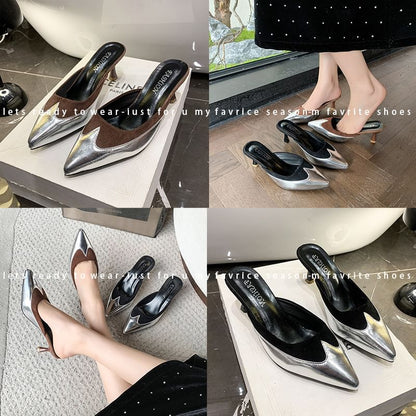 Pointed Toe Stiletto Heel Two Tone Mules
