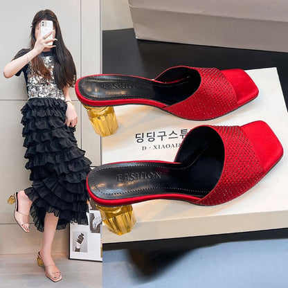 Block Heel Plain Slide Sandals