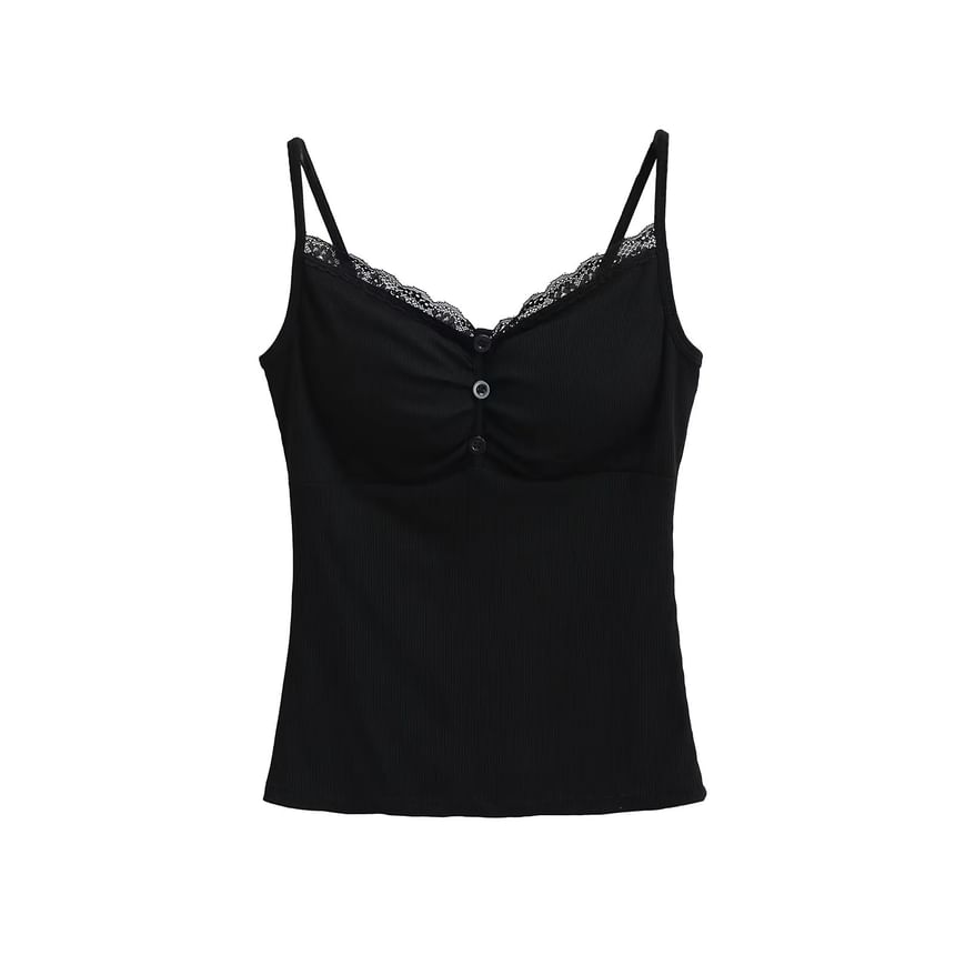 Shirred Ribbed Lace-Trim Cami Top