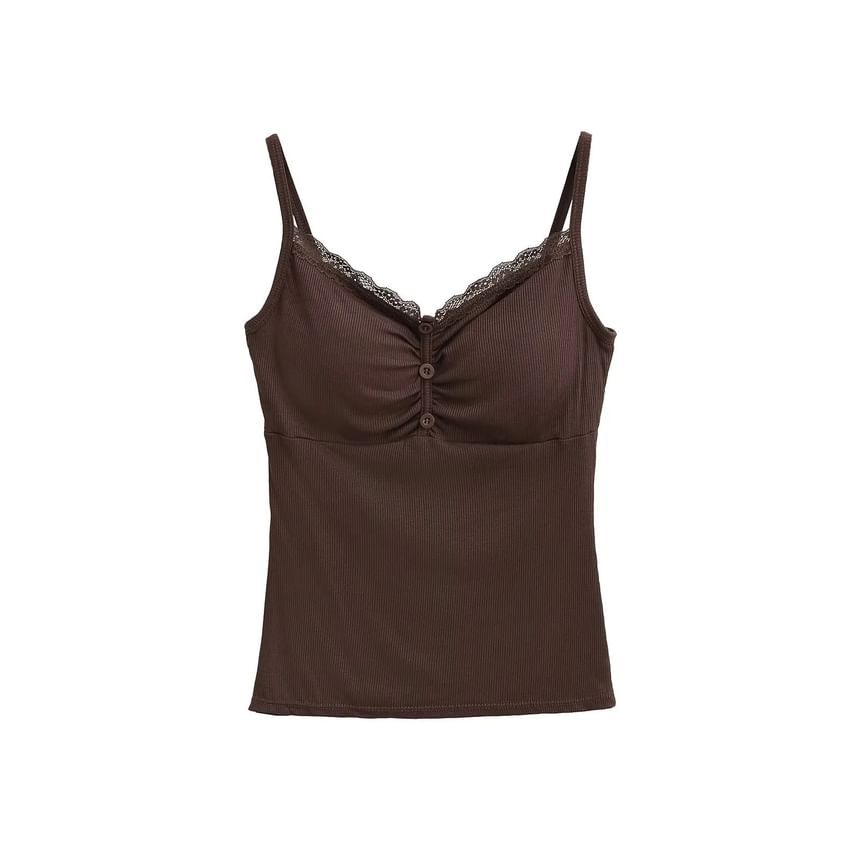 Shirred Ribbed Lace-Trim Cami Top