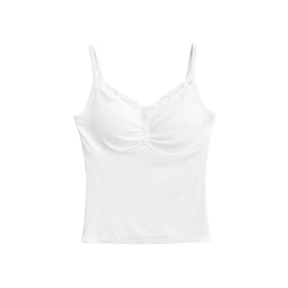 Shirred Ribbed Lace-Trim Cami Top