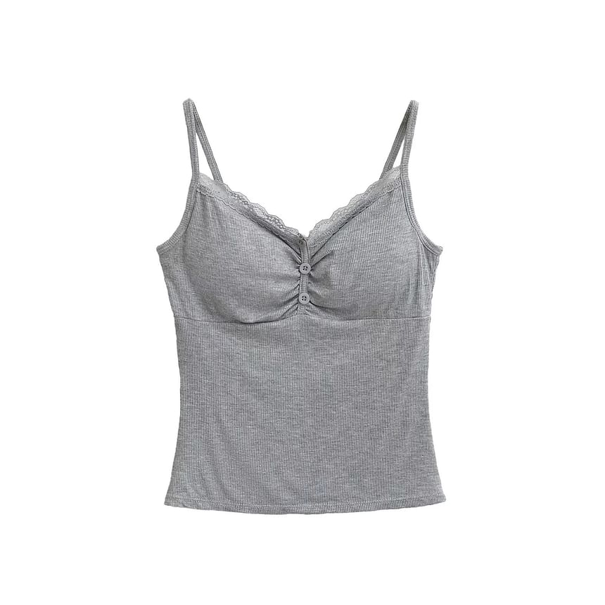 Shirred Ribbed Lace-Trim Cami Top