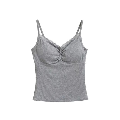 Shirred Ribbed Lace-Trim Cami Top