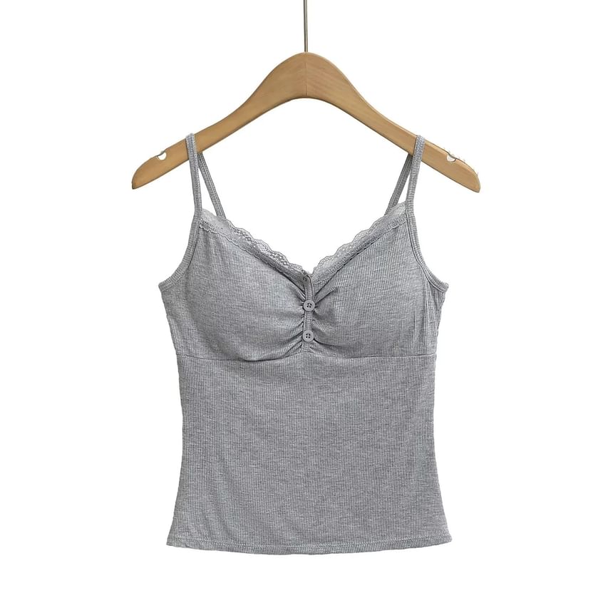 Shirred Ribbed Lace-Trim Cami Top