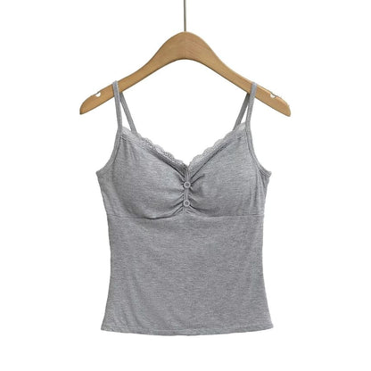 Shirred Ribbed Lace-Trim Cami Top