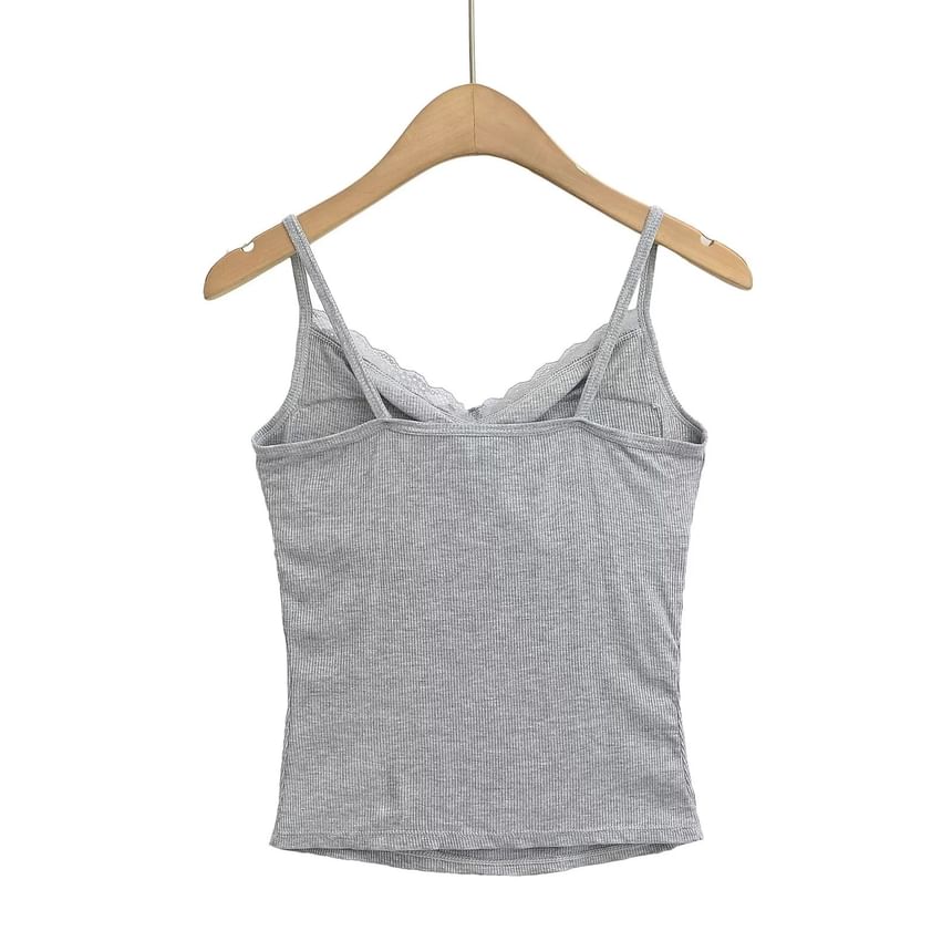 Shirred Ribbed Lace-Trim Cami Top