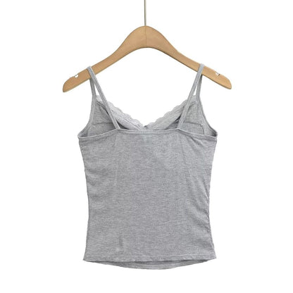 Shirred Ribbed Lace-Trim Cami Top