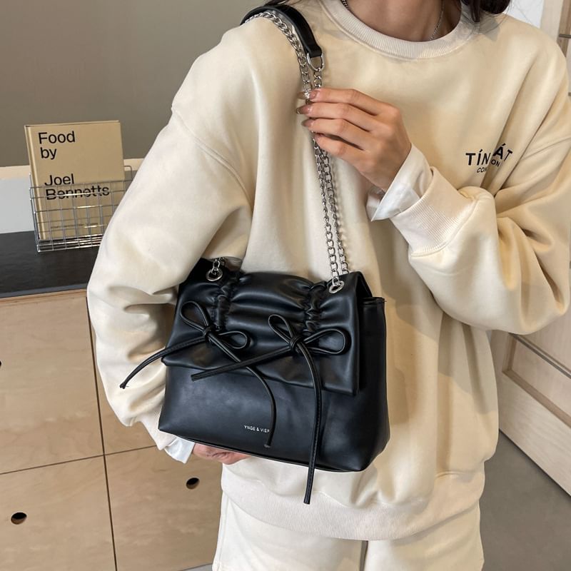 Chain Strap Bow Faux Leather Shoulder Bag