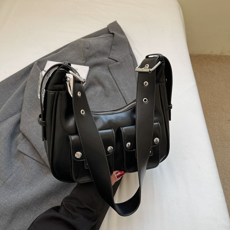 Multi-Pocket Faux Leather Shoulder Bag