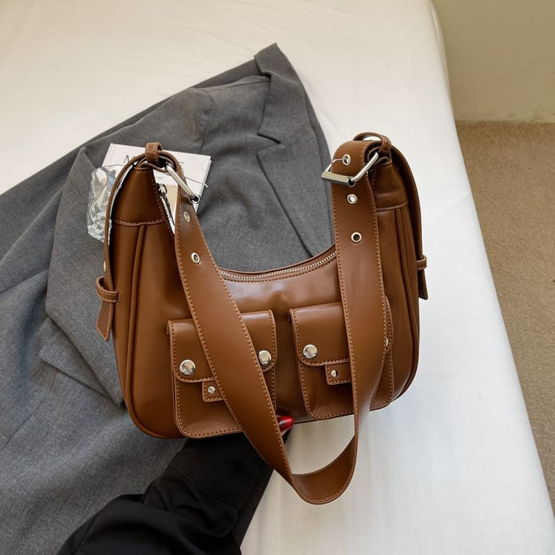 Multi-Pocket Faux Leather Shoulder Bag