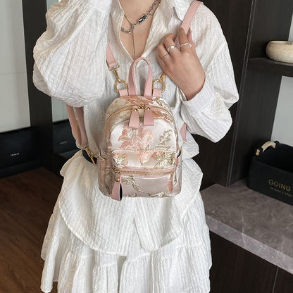 Flower Embroidered Multi-Pocket Backpack