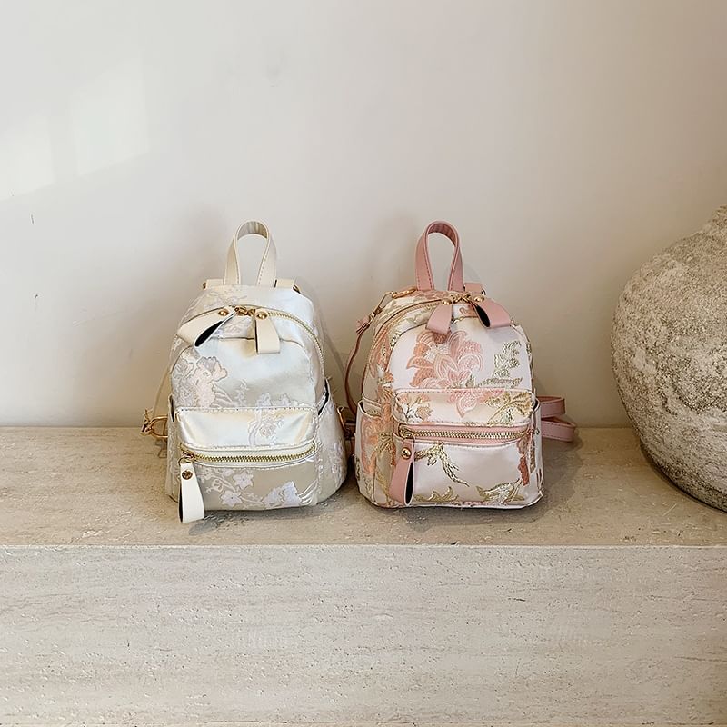 Flower Embroidered Multi-Pocket Backpack