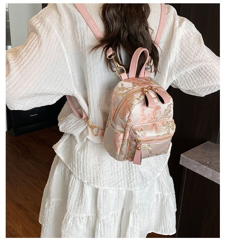 Flower Embroidered Multi-Pocket Backpack