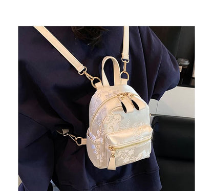 Flower Embroidered Multi-Pocket Backpack
