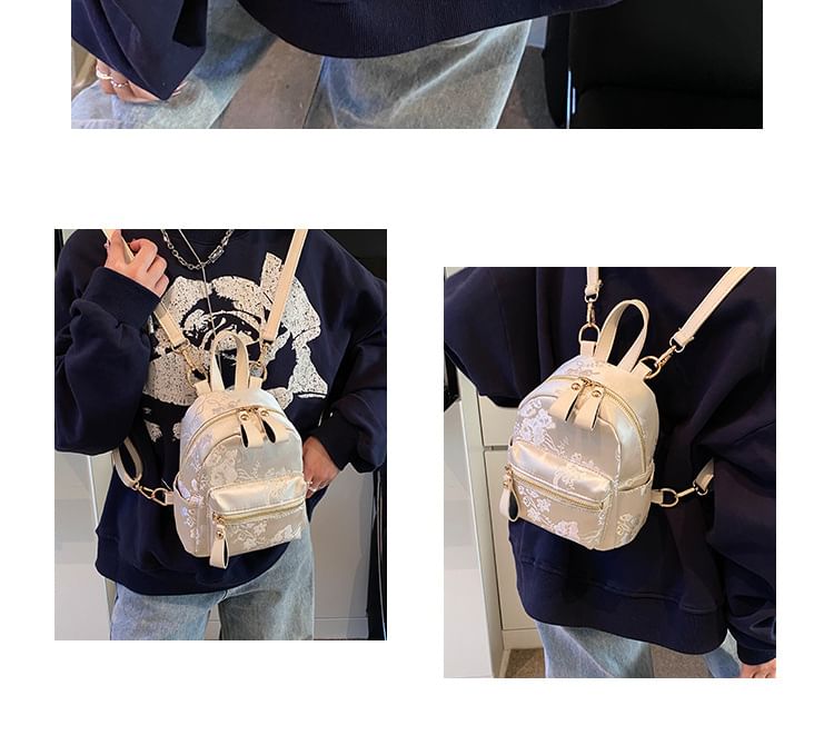 Flower Embroidered Multi-Pocket Backpack