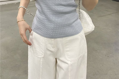 Cropped Knit Two-Piece with Lace Trim & Scoop Neck