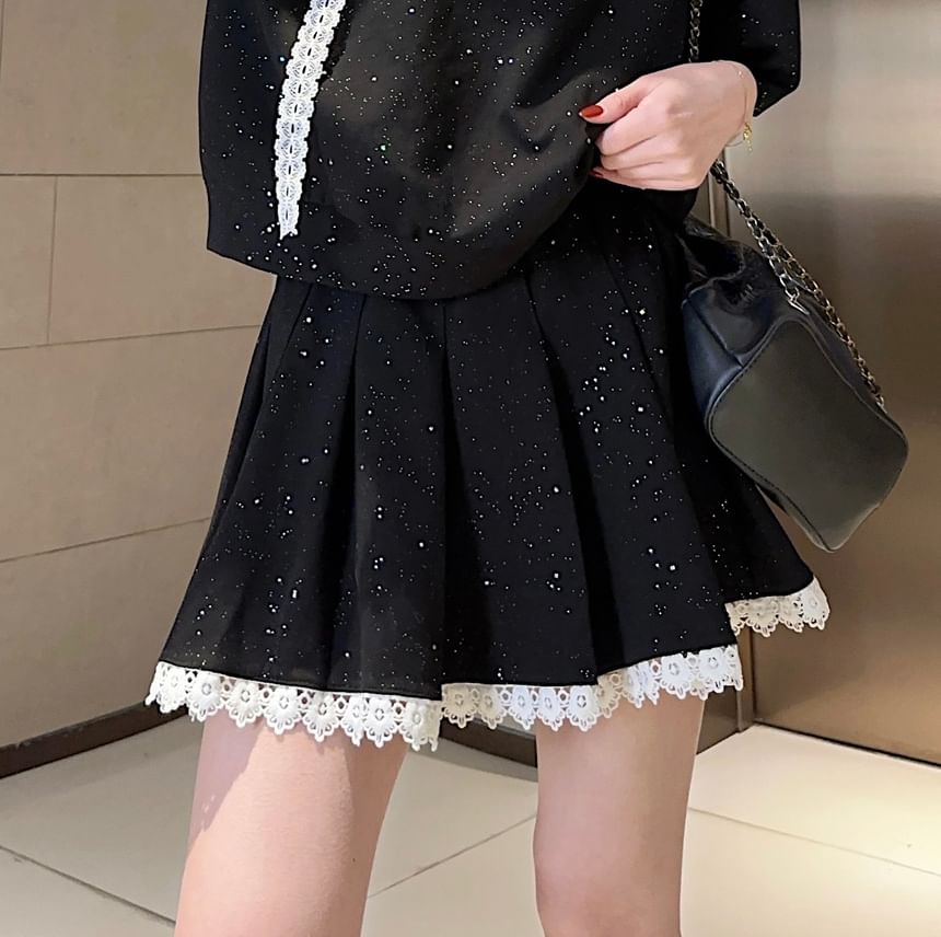Glitter Oversized Tee & Lace Mini Skirt Set