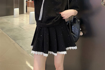 Glitter Oversized Tee & Lace Mini Skirt Set